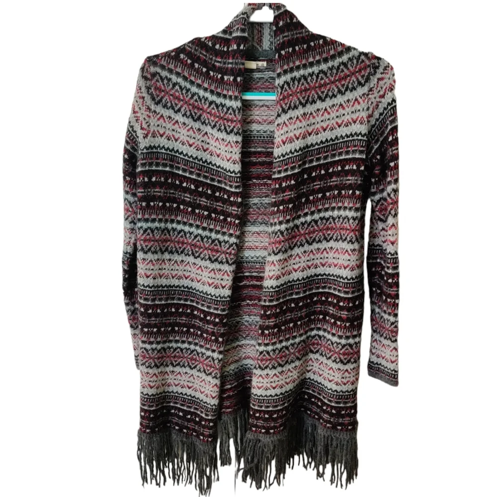Ruff Hewn Fair Isle Open Wool Blend Petite Alpaca Mohair Fringe Cardigan EUC SP